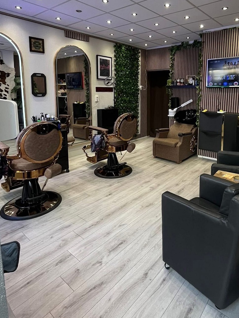 Binnen bij BarberHavi: twee bruine barberstoelen, gouden boogspiegels, een groene plantenwand en lichte houten vloer